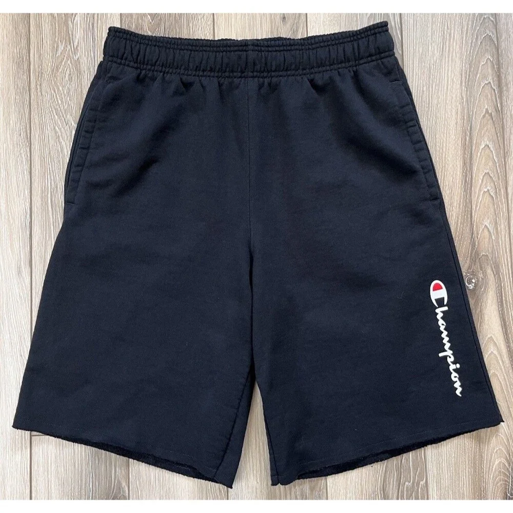 Champion Men’s Fleece Shorts Sz L Black Vertical Script Logo Drawstring Athletic